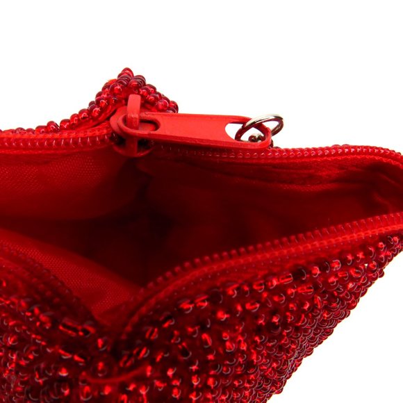 Handmade Seed Bead & Sequin Deep Red Lips Coin Purse Key Ring - Picture 3 of 3